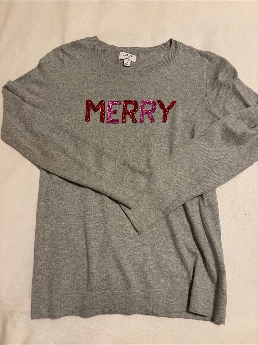 J. Crew Gray Crewneck Sweater with Pink/Red Sequin "MERRY"